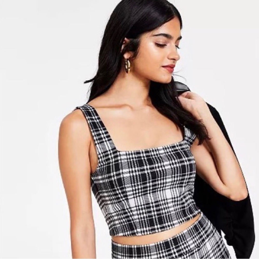 Bar III Cropped Tank Top NEW Size Large Black White Plaid Macys Festival Gift